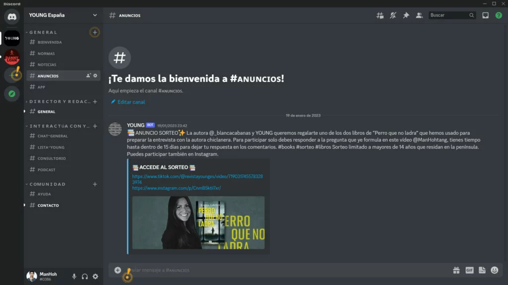 Captura de la sala "anuncios" del servidor de Discord de YOUNG