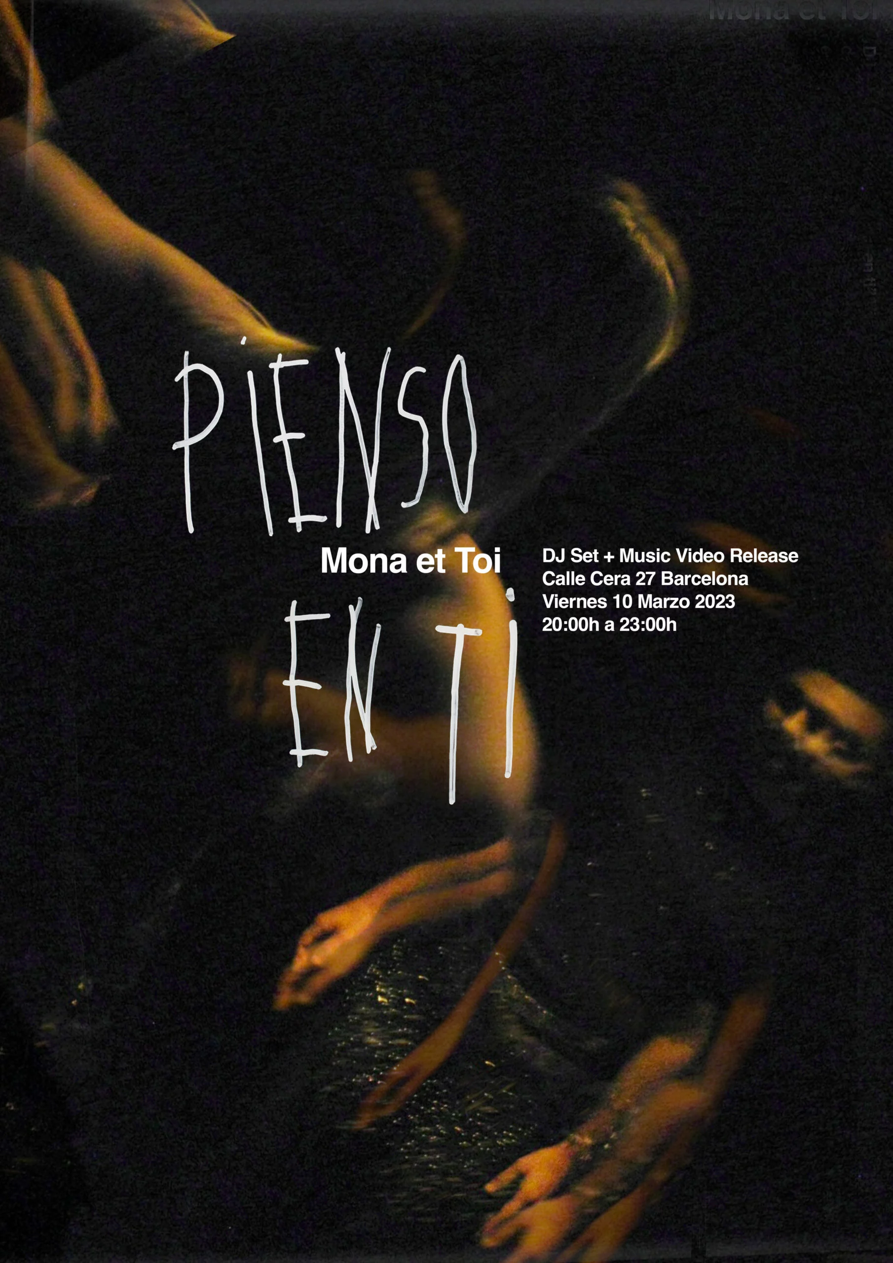 Cartel de presentación del sencillo "Pienso en ti" con información del evento.