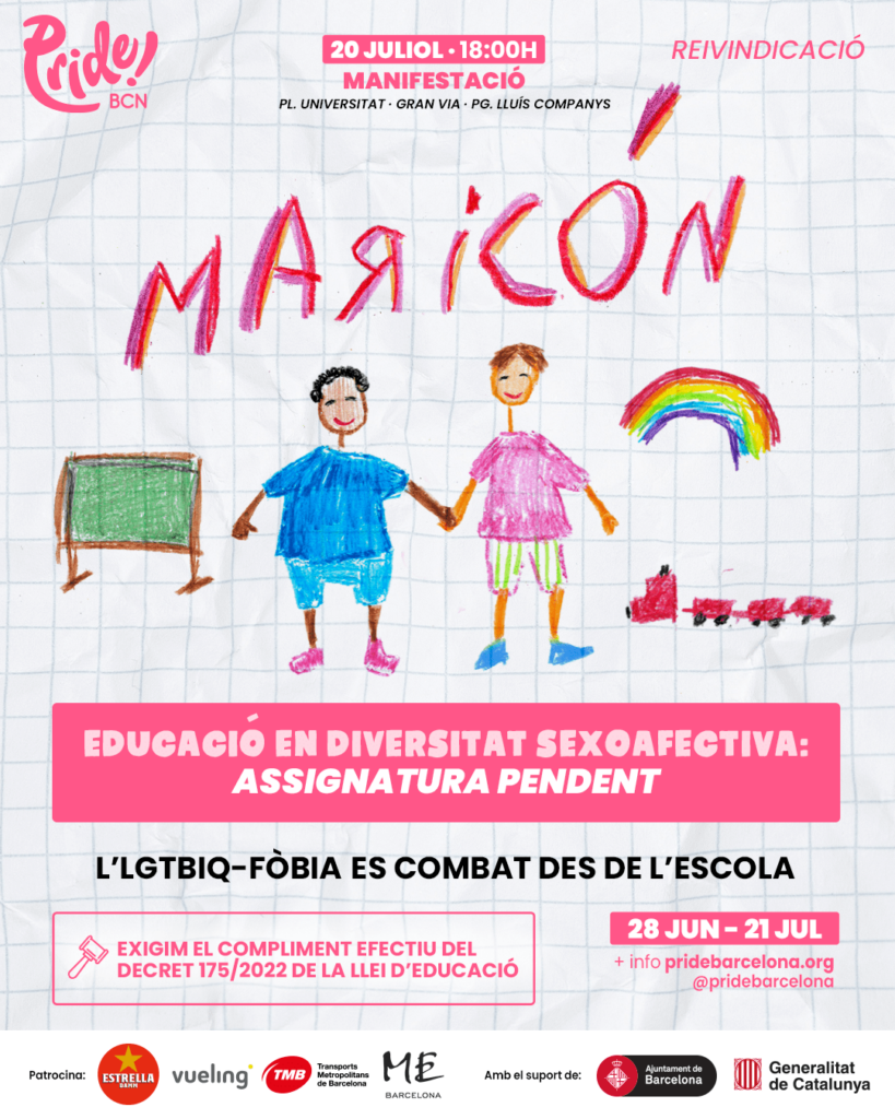 Cartel del Pride Barcelona! cuyo mensaje aparece escrito con la palabra "maricón"