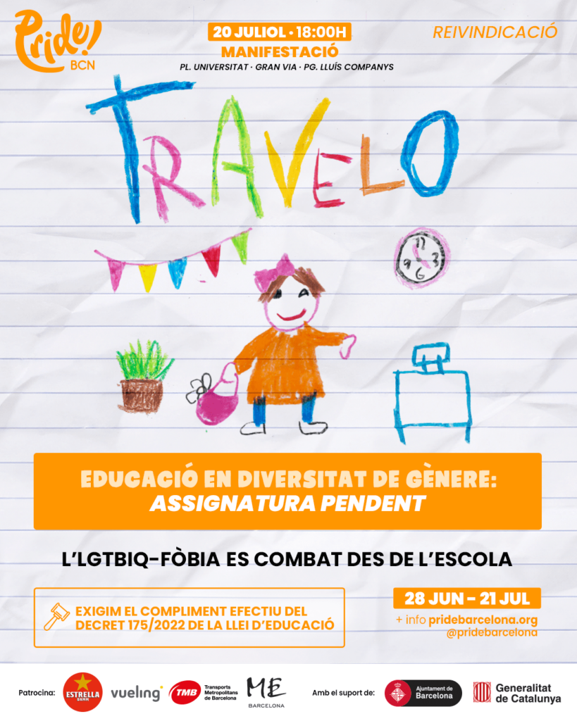 Cartel del Pride Barcelona! cuyo mensaje aparece escrito con la palabra "Travelo"
