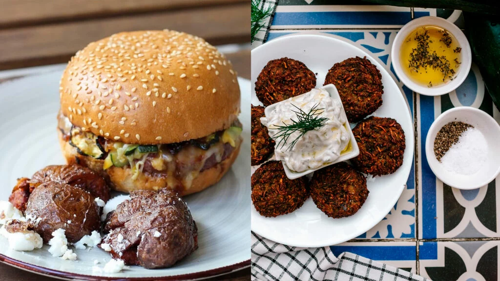 A la derecha una hamburguesa del Restaurante La Informal (Pg. de Colom, 9) y a la derecha, un plato marroquí de El Magraner Boig