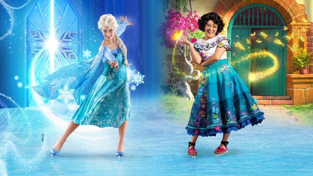 Captura promocional que se muestra Elsa de Frozen y a Maribel Madrigal de Encanto en Disney On Ice