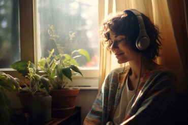 mujer escuchando podcast frente a la ventana