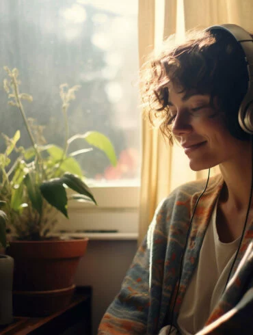 mujer escuchando podcast frente a la ventana