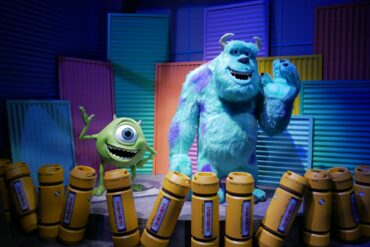 Mike Wazowsk y James P. Sullivan en el escenario de Monstruos, S.A.