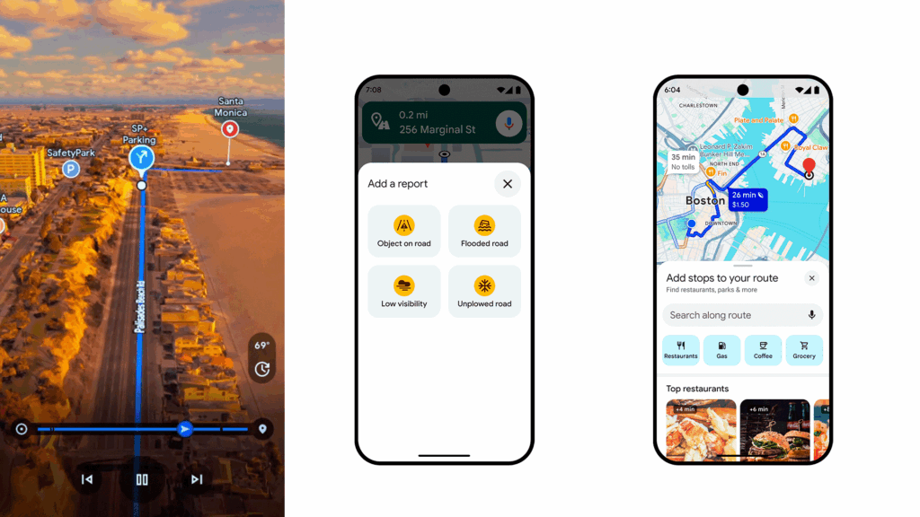 Vista inmersiva, panel de reporte de incidencias y panel para agendar paradas en la ruta del nuevo Google Maps