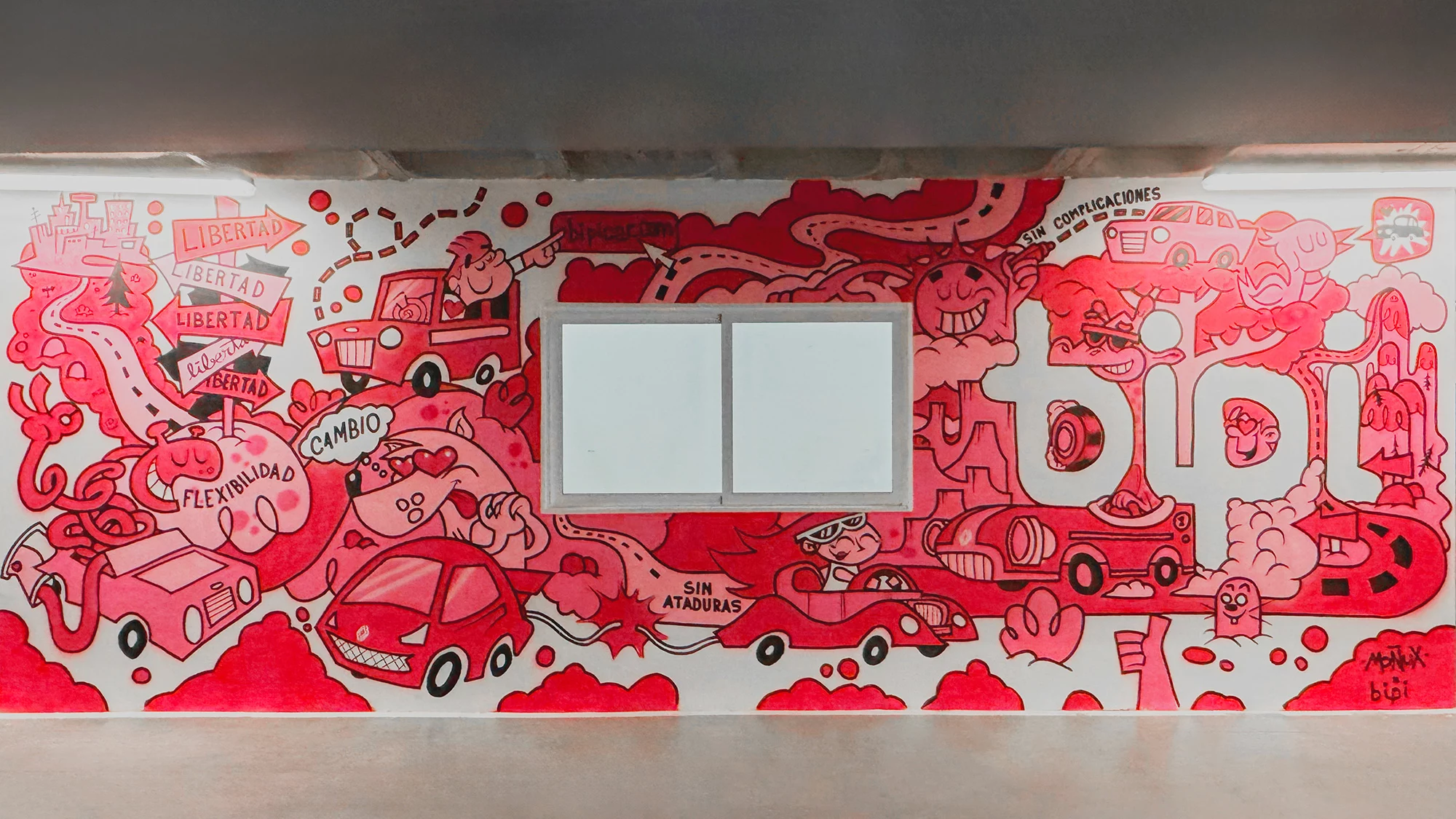 Resultado del mural diseñado por Moñuz, se puede ver en el Centro comercial La Vaguada Planta parking -2