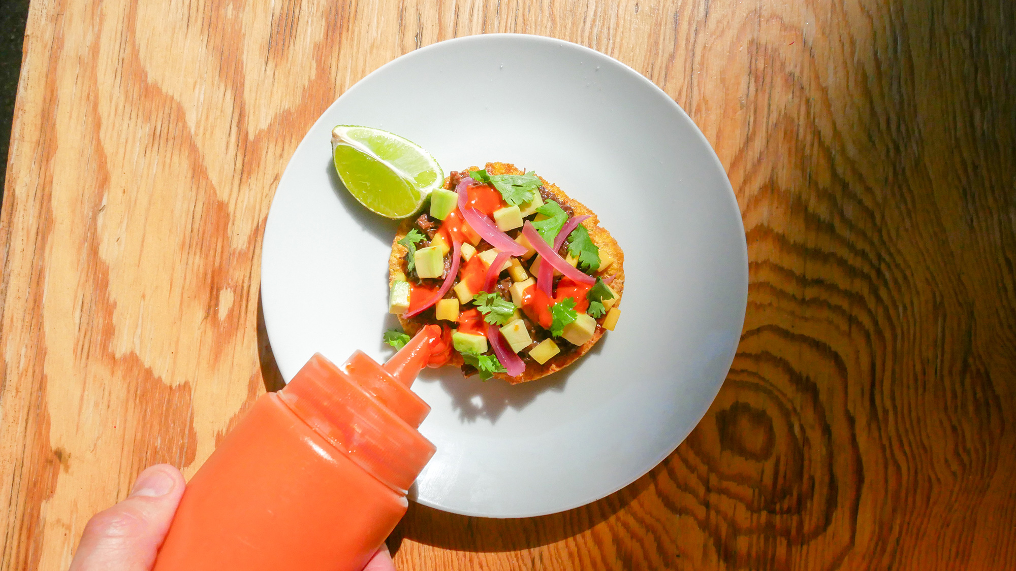 FAT CAT | Patacón de carrillera de ternera, aguacate, mango, cilantro, cebolla morada encurtida, lima, y nuestra salsa casera de gochujang