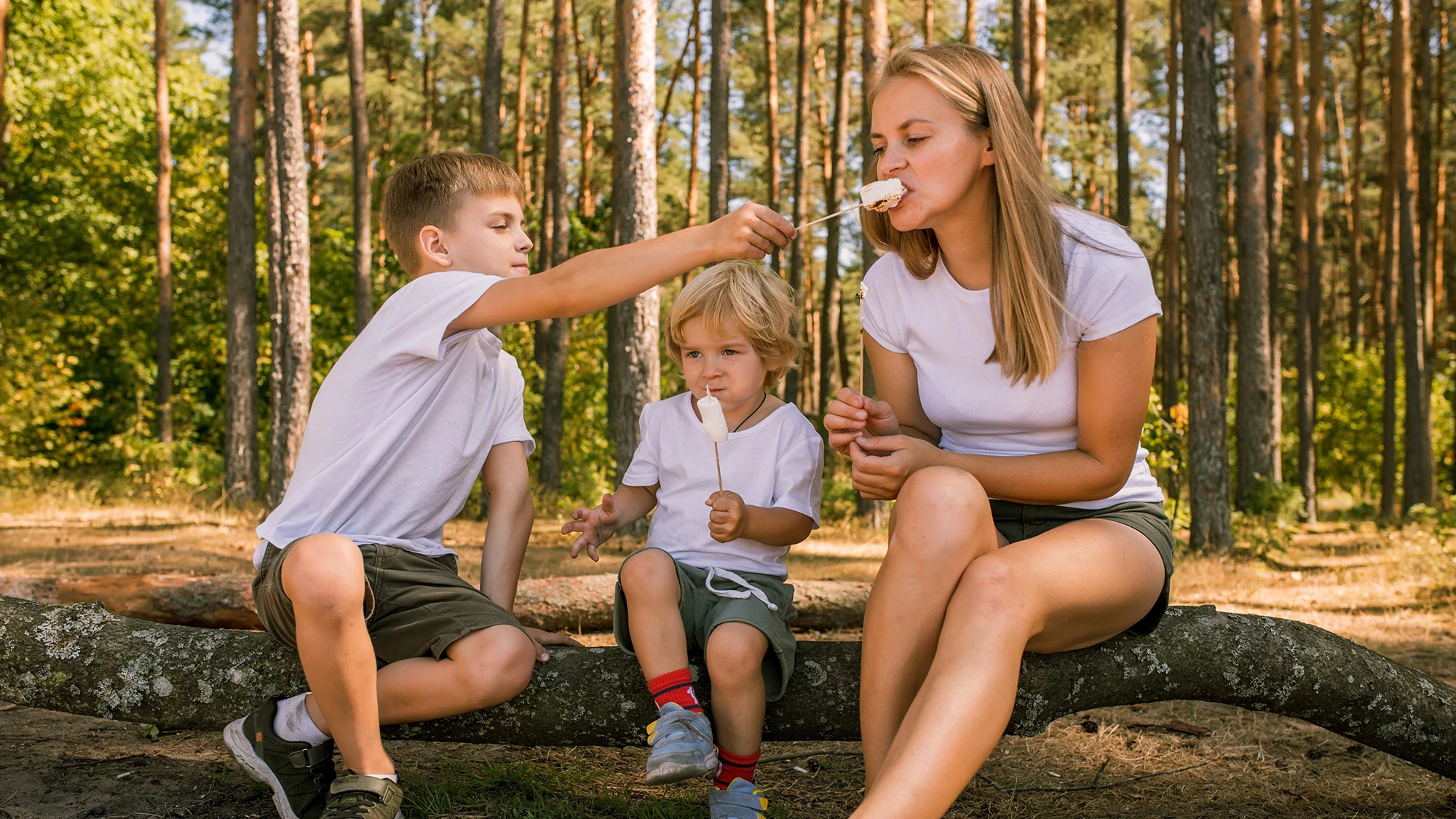 Familia comparte momento con helados en el bosque. Fotografía Envato