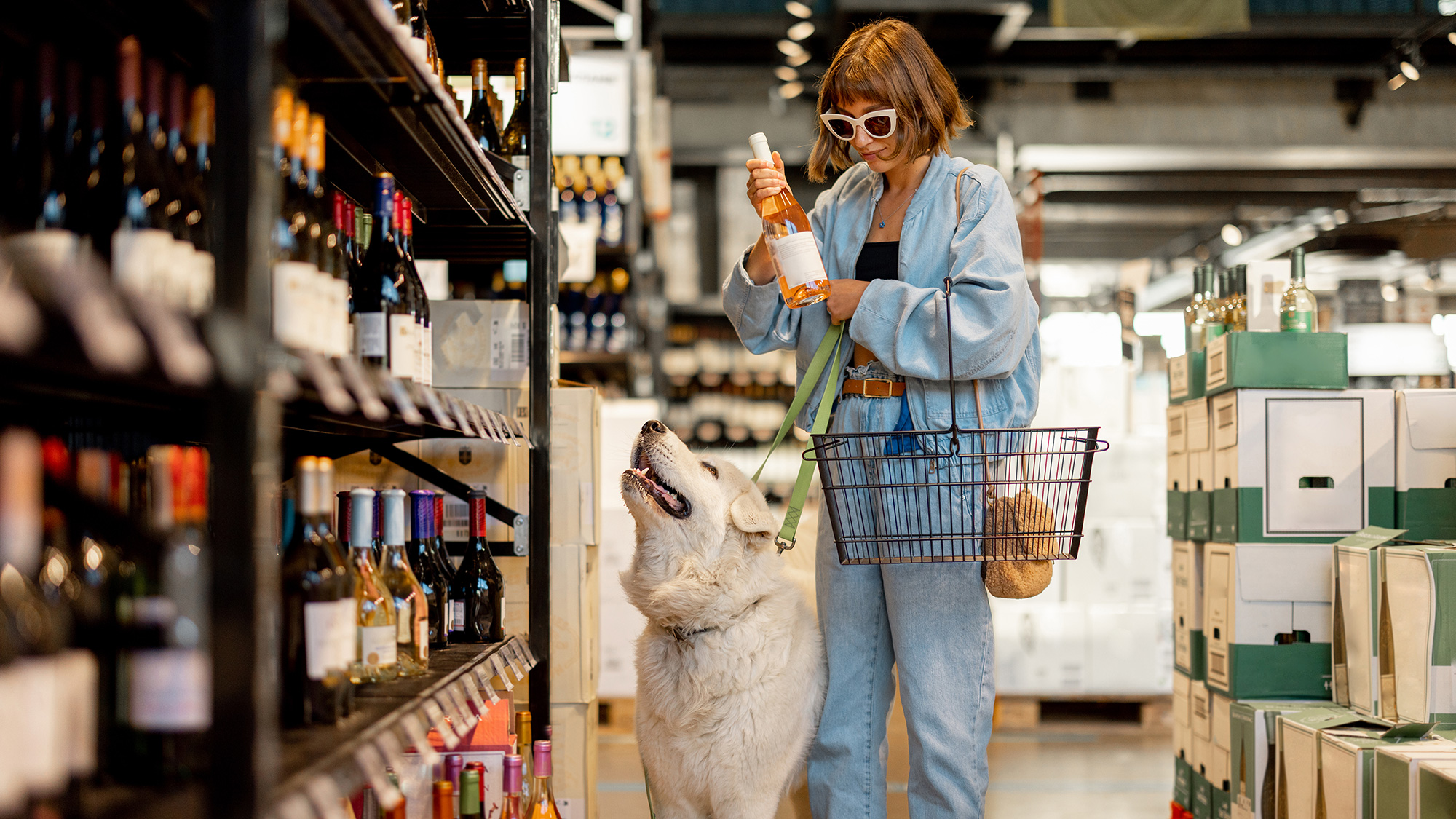 Mujer compra junto a su perro en una vinoteca. Fotografía de Envato