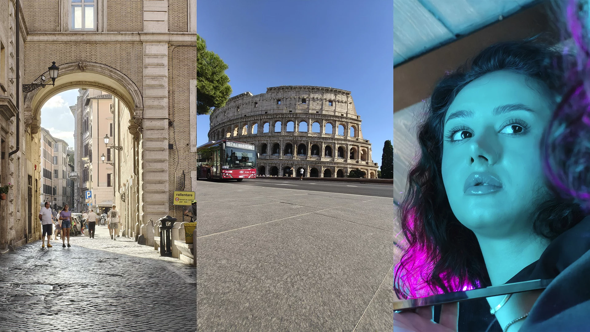 Fotografía de una calle de roma sin edición de luz; la segunda es un ejemplo de la limpieza con IA para borrar personas frente al Coliseo; y la tercera fotografía se muestra un retrato realizado sin edición posterior.
