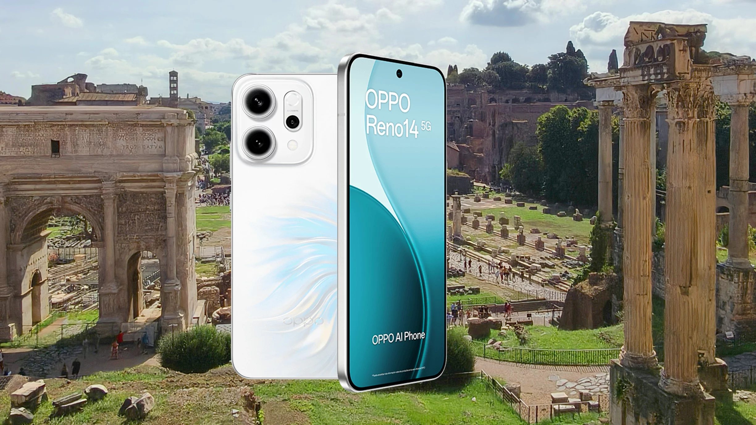 Detrás del OPPO Reno14 se ve una panorámica del foro romano, una fotografía realizada con un OPPO Reno14.