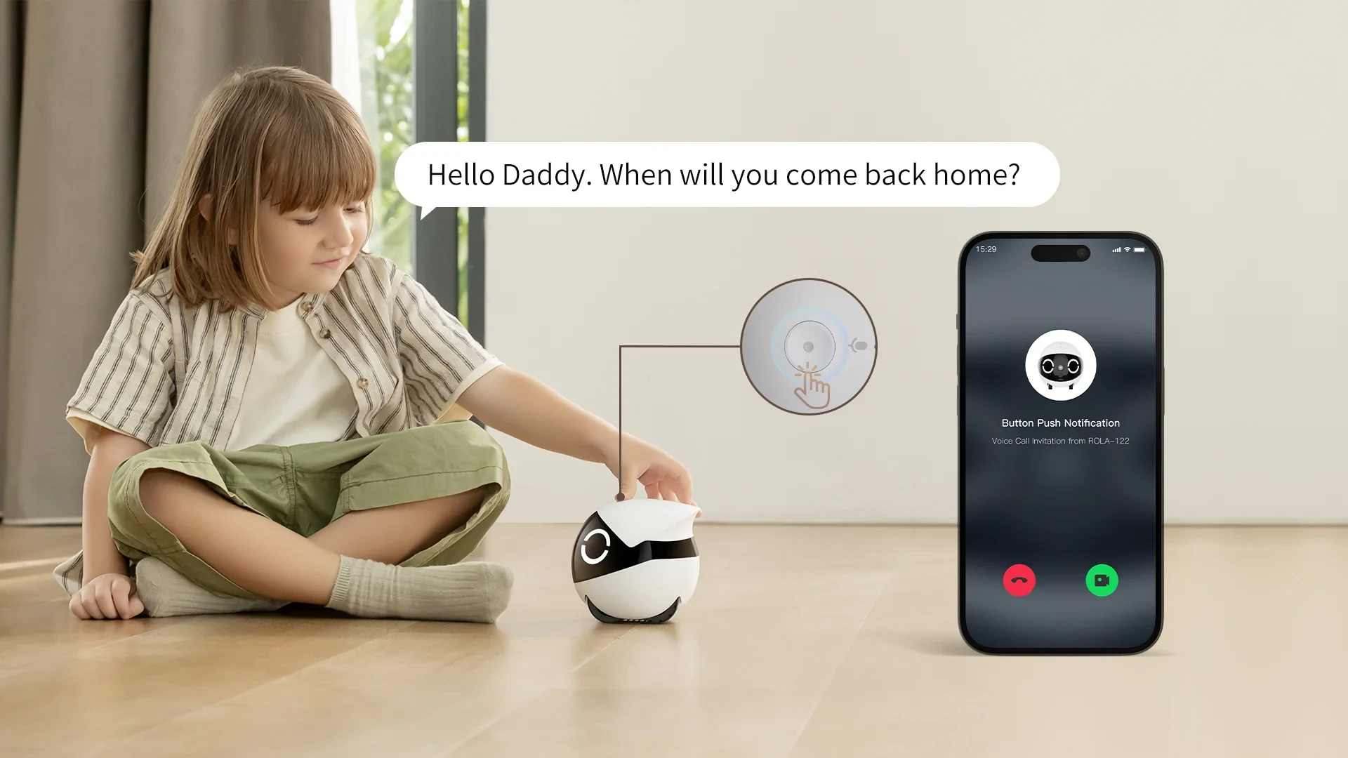 Imagen del ROLA Mini Companion Robot interactuando con una niña