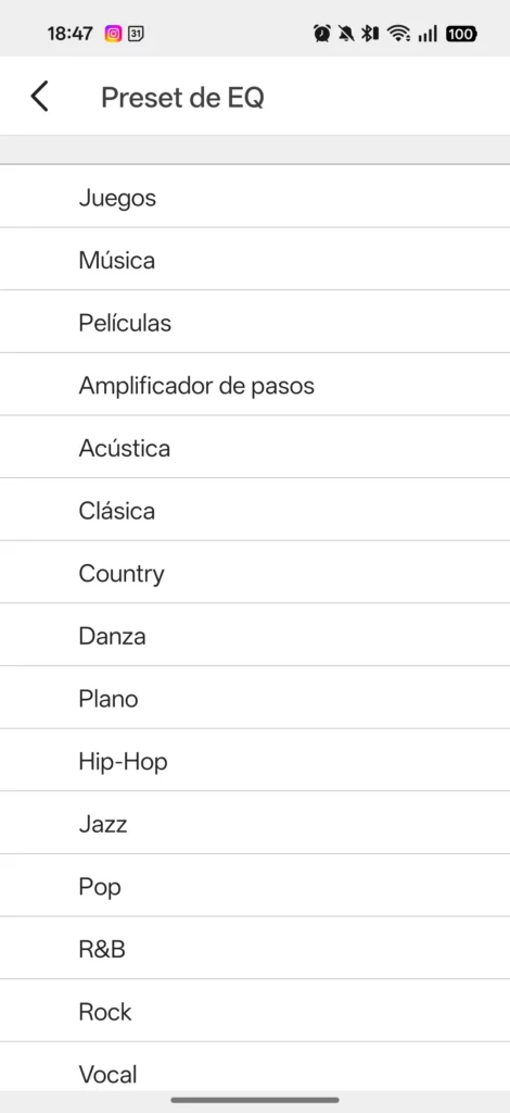 Lista de perfiles equalizador por defecto