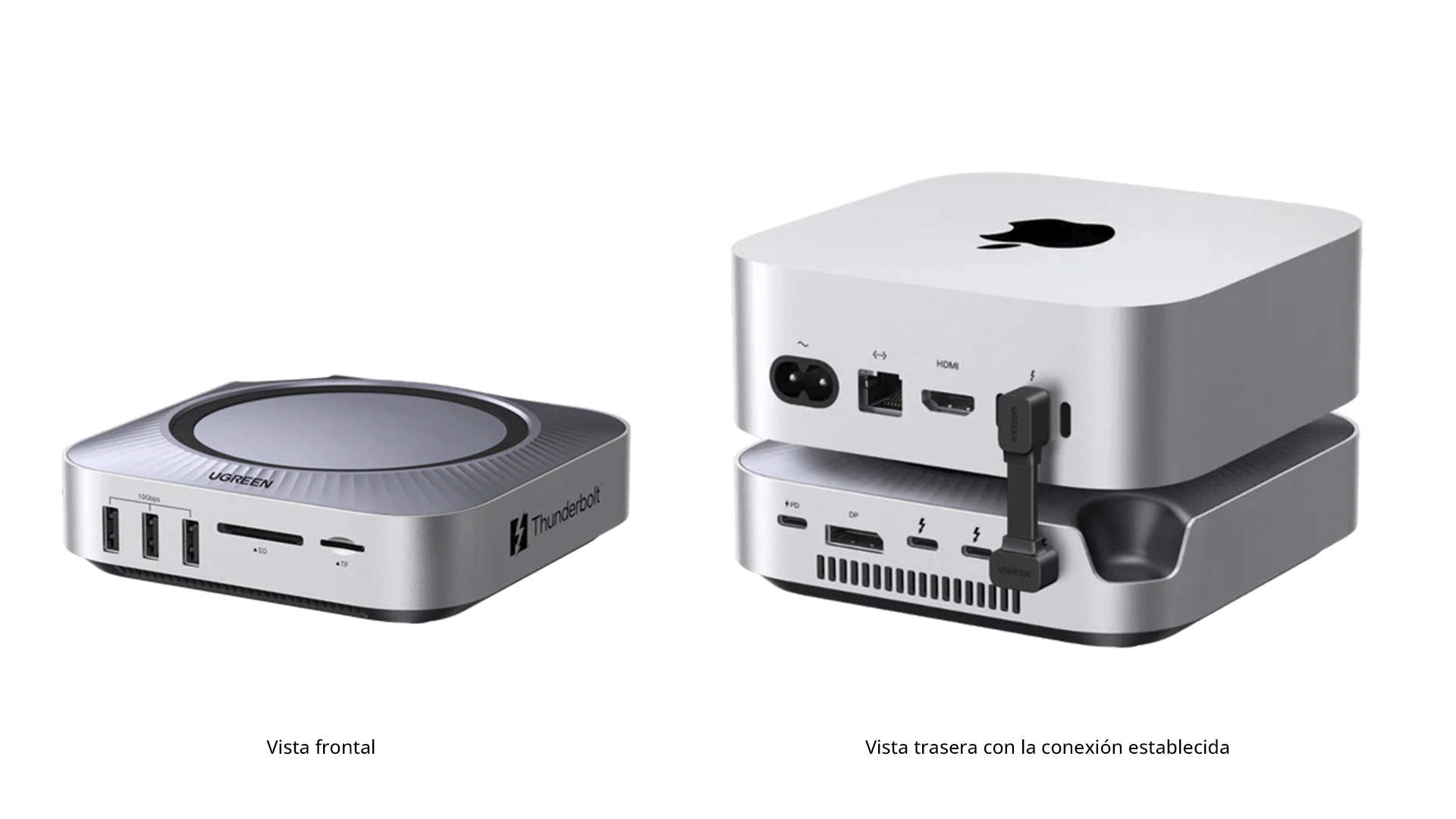 Vista conexión del Maxidok 10 en 1 con Thunderbolt 5 de UGREEN con el Mac Mini M4 Pro