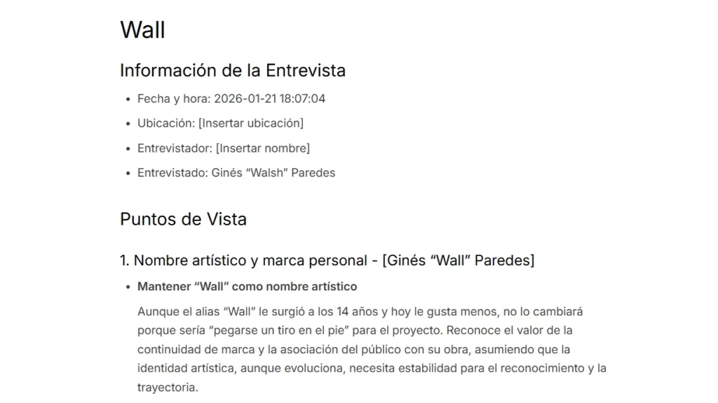 Vista de sumario de la reunión mediante el aplicativo web de Plaud