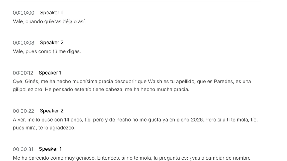Vista de transcripción mediante el aplicativo web de Plaud