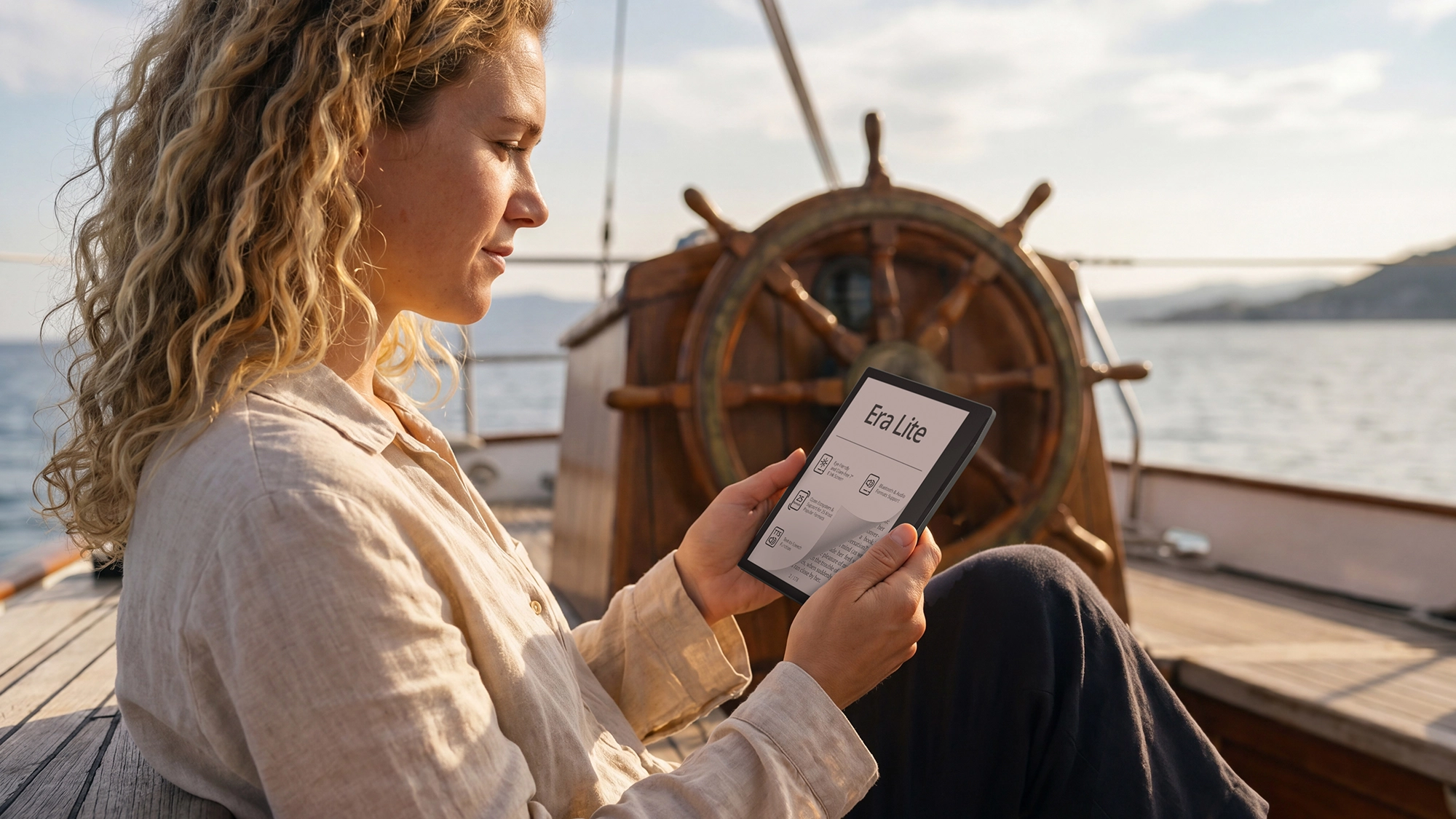 Persona leyendo en un barco con su Libro electrónico PocketBook Era Lite color verde