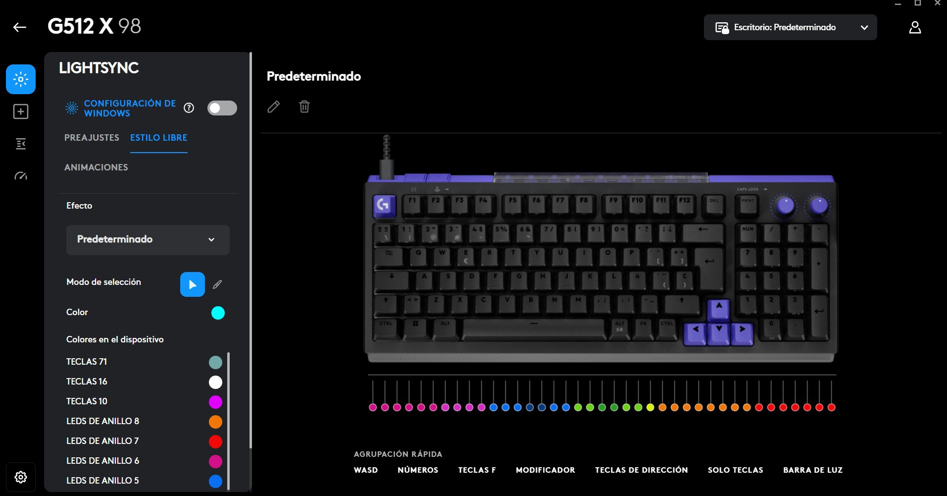 Captura de pantalla del software Logitech G HUB