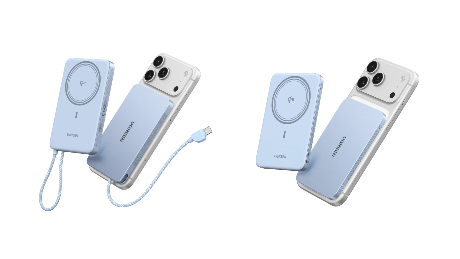 Comparativa visual, a la izquierda tenemos el a la derecha el MagFlow Air Magnetic Power Bank 10000mAh y a la derecha MagFlow Air Magnetic Power Bank 5000mAh