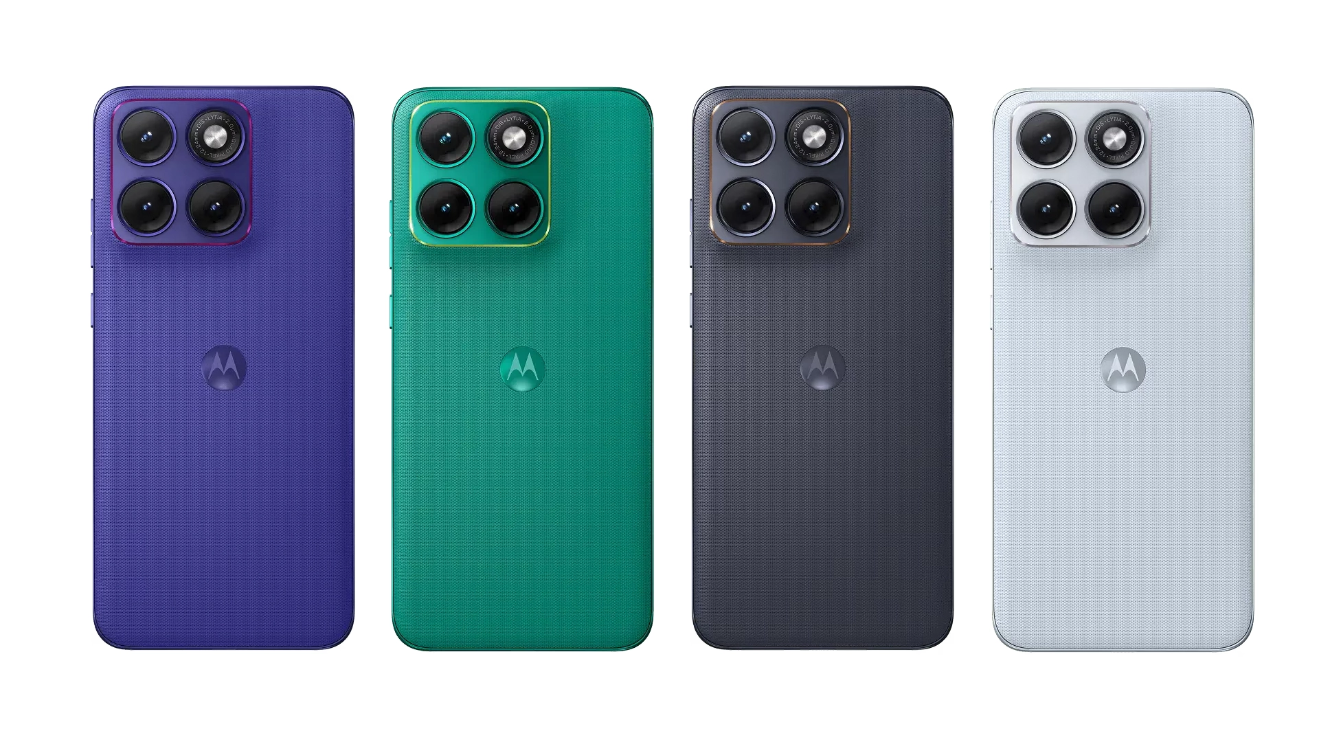 DEtalle de los diferentes colores del Motorola edge 70 fusion, de izquierda a derecha: Orient blue, sporting green, PANTONE Silhouette y Country Air