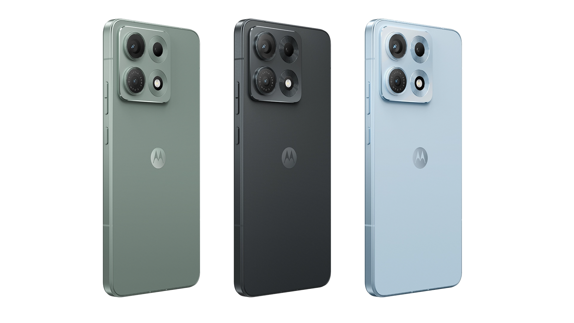Vista de los colores Motorola edge 70 max, de izquierda a derecha: Ice melt, Dark shadow y Aqua Gray
