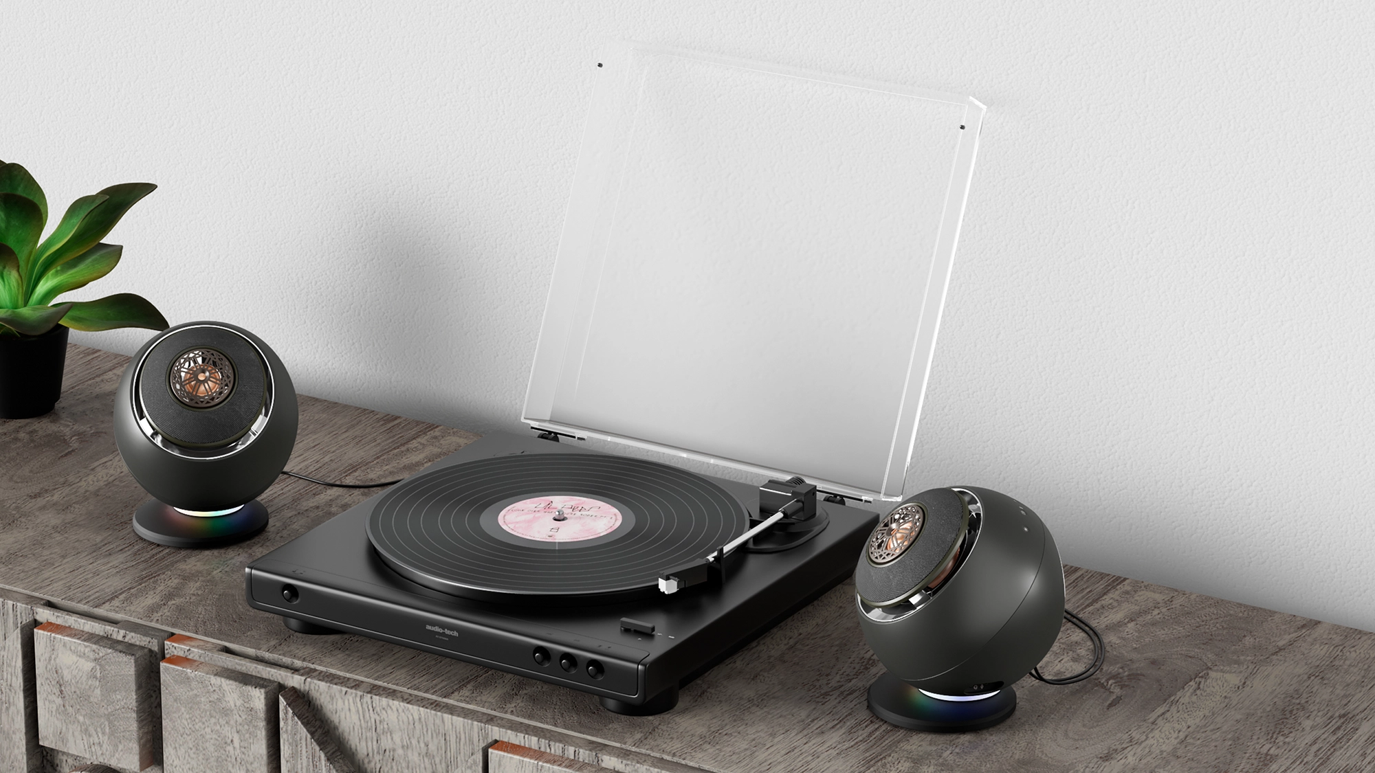 Los Creative Pebble Nova usándolos como salida de sonido de un tocadiscos
