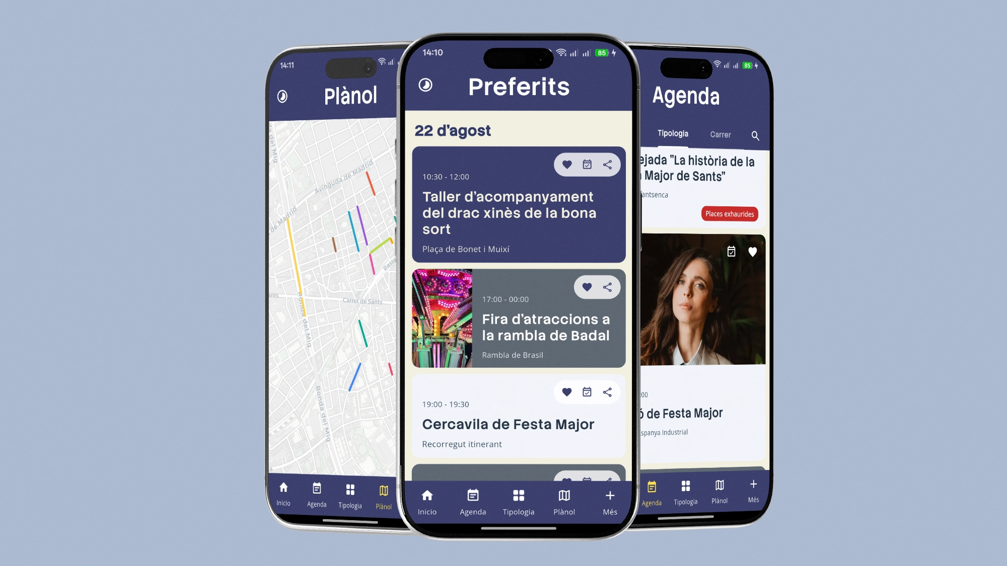 Capturas de pantalla de la nueva aplicación: vista de agenda, mapa y eventos favoritos