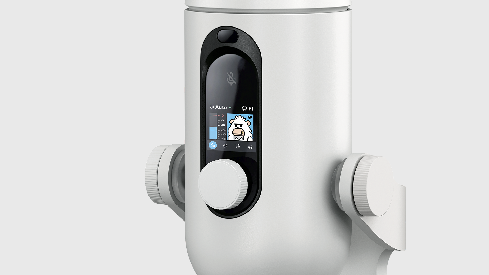 Detalle yeti en pantalla, actúa como nivelador de volumen