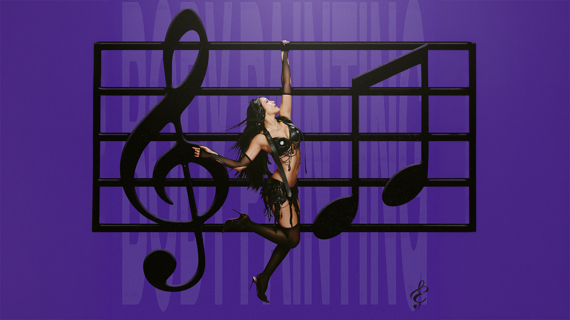 Emilia colgando de un pentagrama, imagen de portada del sencillo BODYPAINTING